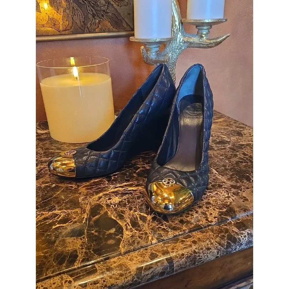 Tory Burch Quilted Navy Wedge Pumps with Gold Toe Cap Size 9.5